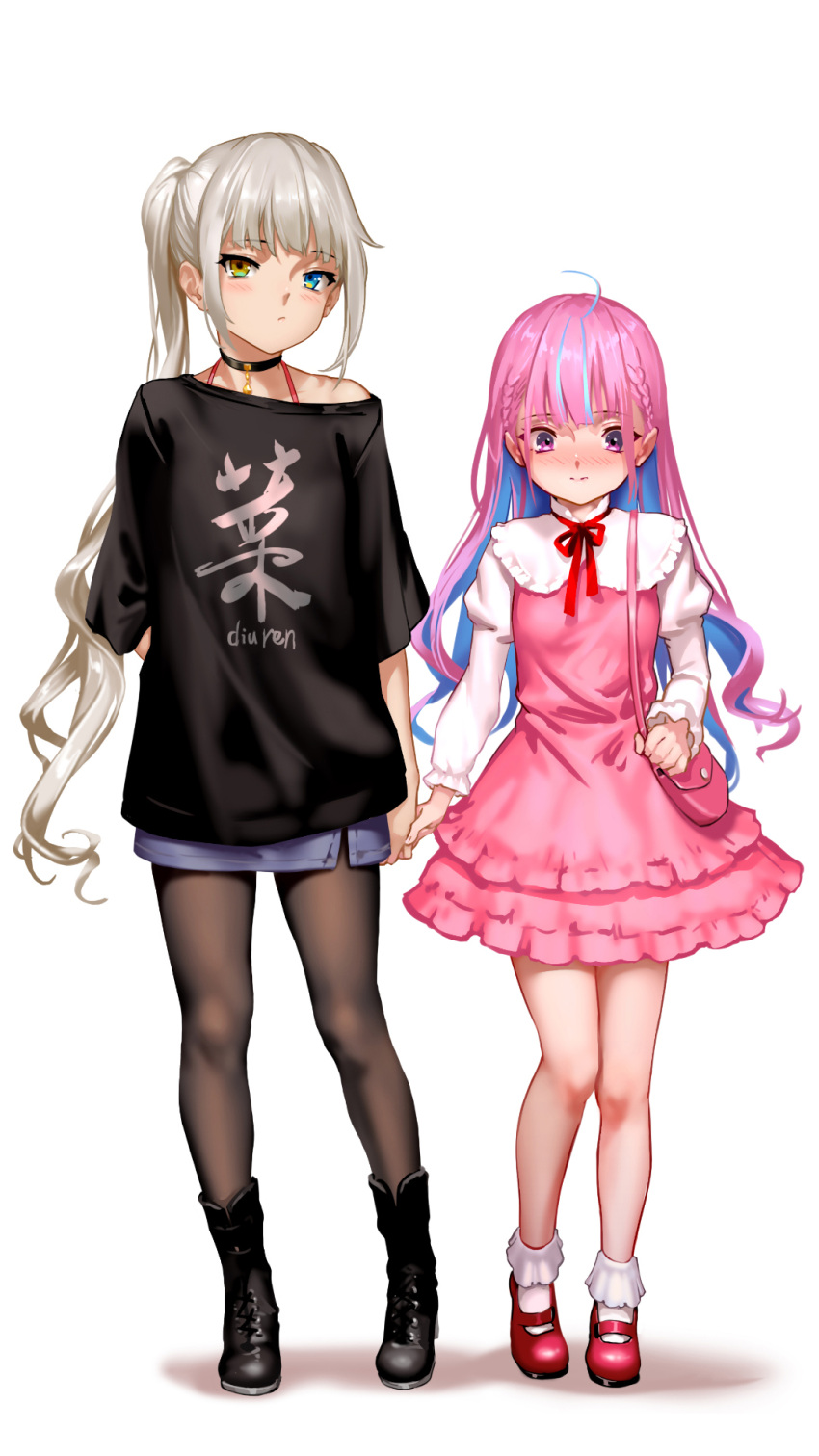 2girls arm_behind_back as109 bag bangs black_legwear blue_eyes blue_hair blush boots braod dress hand_holding handbag height_difference heterochromia highres kagura_mea kagura_mea_channel long_hair looking_at_viewer mary_janes minato_aqua multiple_girls off_shoulder pink_hair platinum_blonde_hair ponytail shoes simple_background skirt very_long_hair violet_eyes virtual_youtuber white_background white_legwear yellow_eyes