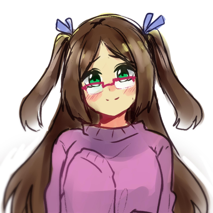 1girl blush brown_hair glasses gomiko-art green_eyes hair_ribbons hand_to_chest long_hair original oversized_clothes purple_sweater shy sinamuna_(character) sleeves_past_wrists smile solo sweater twintails