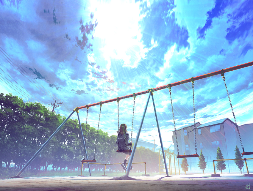 1girl black_shirt blue_sky brown_hair building chains clouds cloudy_sky day from_behind house light_rays long_hair looking_away mocha_(cotton) original outdoors power_lines scenery school_uniform shirt signature sitting sky solo sunbeam sunlight swing telephone_pole tree wide_shot