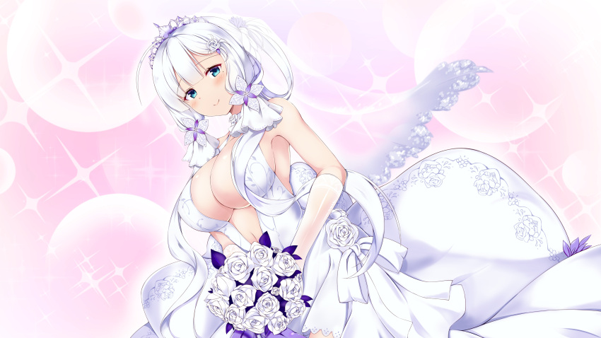 1girl absurdres ahoge azur_lane bare_shoulders blue_eyes blush bouquet breasts bridal_veil cleavage closed_mouth commentary_request dress elbow_gloves flower gloves hair_ribbon highres holding holding_bouquet illustrious_(azur_lane) illustrious_(morning_star_of_love_and_hope)_(azur_lane) large_breasts long_hair looking_at_viewer mamizu mole mole_under_eye ribbon rose sidelocks smile solo sparkle tiara tress_ribbon veil wedding_dress white_dress white_flower white_gloves white_hair white_rose