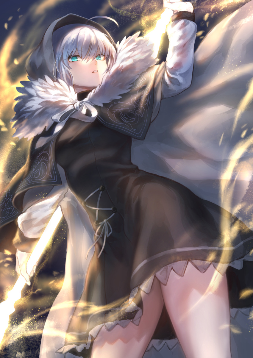 1girl ahoge aqua_eyes arm_up aura bangs black_cape black_dress breasts cape cloak commentary_request cowboy_shot dress energy_spear fate/grand_order fate_(series) fur-trimmed_cloak fur_trim gray_(lord_el-melloi_ii) hair_between_eyes highres holding holding_spear holding_weapon hood light_particles long_hair looking_at_viewer lord_el-melloi_ii_case_files mashu_003 medium_breasts parted_lips polearm short_dress solo spear standing thighs weapon white_hair wind