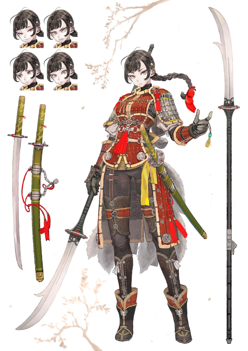 1girl ahoge angry armor black_hair boots braid clenched_teeth commentary_request frown full_body gloves hair_ornament hairclip highres japanese_armor jun_(seojh1029) katana long_hair looking_at_viewer naginata original polearm sad sheath smile smug solo surprised sword teeth tsurime weapon white_background yellow_eyes