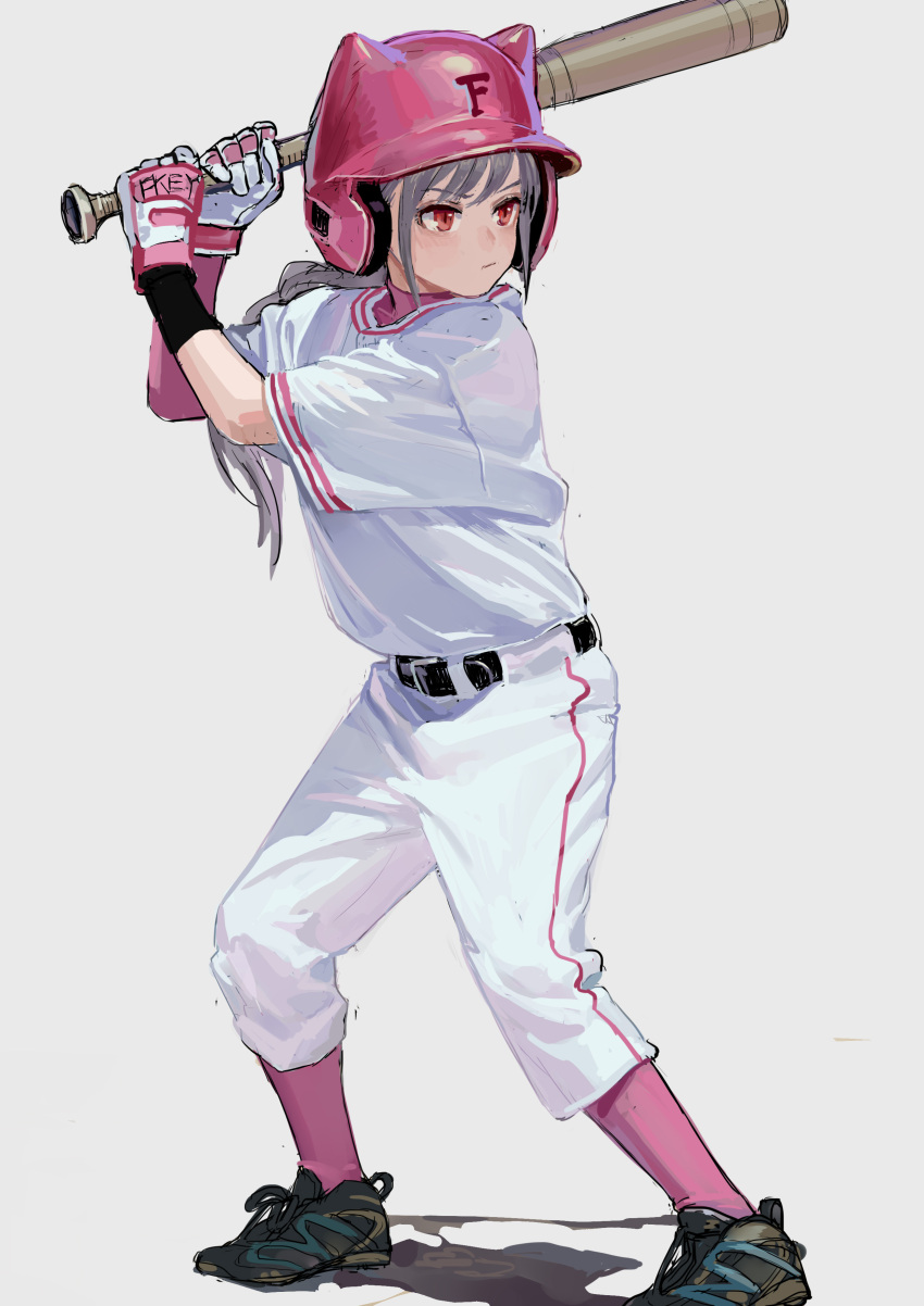 1girl absurdres arms_up artist_name bangs baseball_bat baseball_helmet baseball_uniform black_footwear feet_out_of_frame fkey gloves grey_background helmet highres holding holding_baseball_bat jersey long_hair original pants pink_legwear ponytail red_eyes shadow shirt shoes short_sleeves sidelocks silver_hair simple_background sneakers socks solo sportswear standing white_gloves white_pants white_shirt