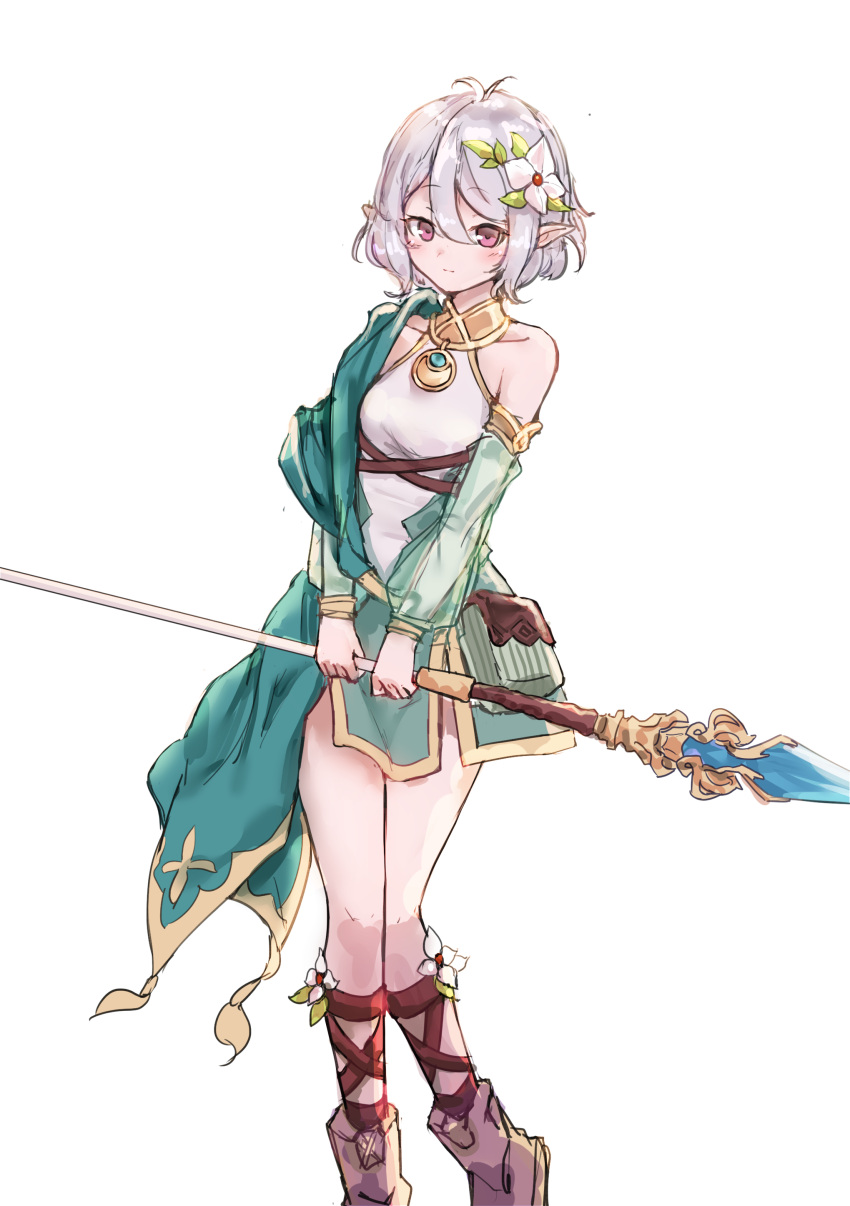 1girl absurdres antenna_hair bangs bare_shoulders blush boots brown_footwear closed_mouth collarbone commentary_request detached_sleeves dress eyebrows_visible_through_hair flower green_dress grey_hair hair_between_eyes hair_flower hair_ornament highres holding holding_spear holding_weapon kokkoro_(princess_connect!) long_sleeves looking_at_viewer miramu_(ramu450471) pink_eyes pointy_ears polearm princess_connect! princess_connect!_re:dive puffy_long_sleeves puffy_sleeves see-through see-through_sleeves short_dress simple_background sleeveless sleeveless_dress solo spear weapon white_background white_flower