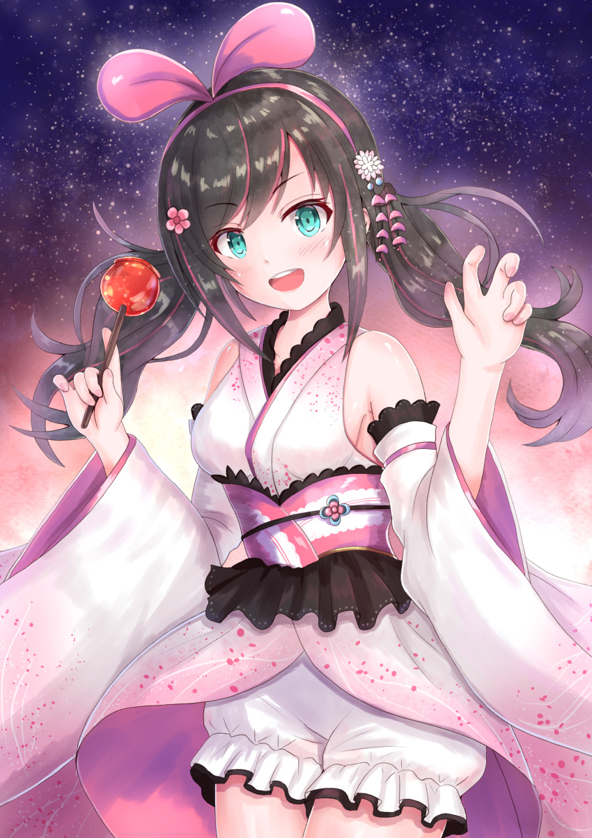 1girl a.i._channel alternate_costume alternate_hairstyle azur_lane black_hair bloomers cocoasabure detached_sleeves food hair_ornament headband highres japanese_clothes kimono kizuna_ai looking_at_viewer night open_mouth sky sleeveless solo star_(sky) starry_sky twintails underwear virtual_youtuber yukata