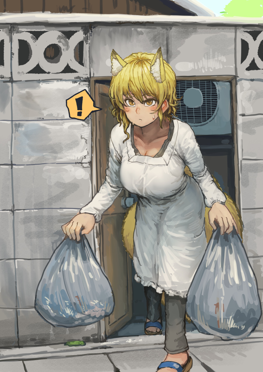 ! 1girl absurdres air_conditioner alternate_costume animal_ears apron bag bending_forward black_pants blush breasts brick_wall chanta_(ayatakaoisii) cleavage collarbone contemporary expressionless extra_ears eyebrows_visible_through_hair fox_ears fox_tail full_body hair_between_eyes highres holding holding_bag huge_filesize large_breasts long_sleeves looking_at_viewer multiple_tails open_door outdoors pants road sandals short_hair slit_pupils solo spoken_exclamation_mark standing street sweatdrop tail touhou trash_bag yakumo_ran yellow_eyes
