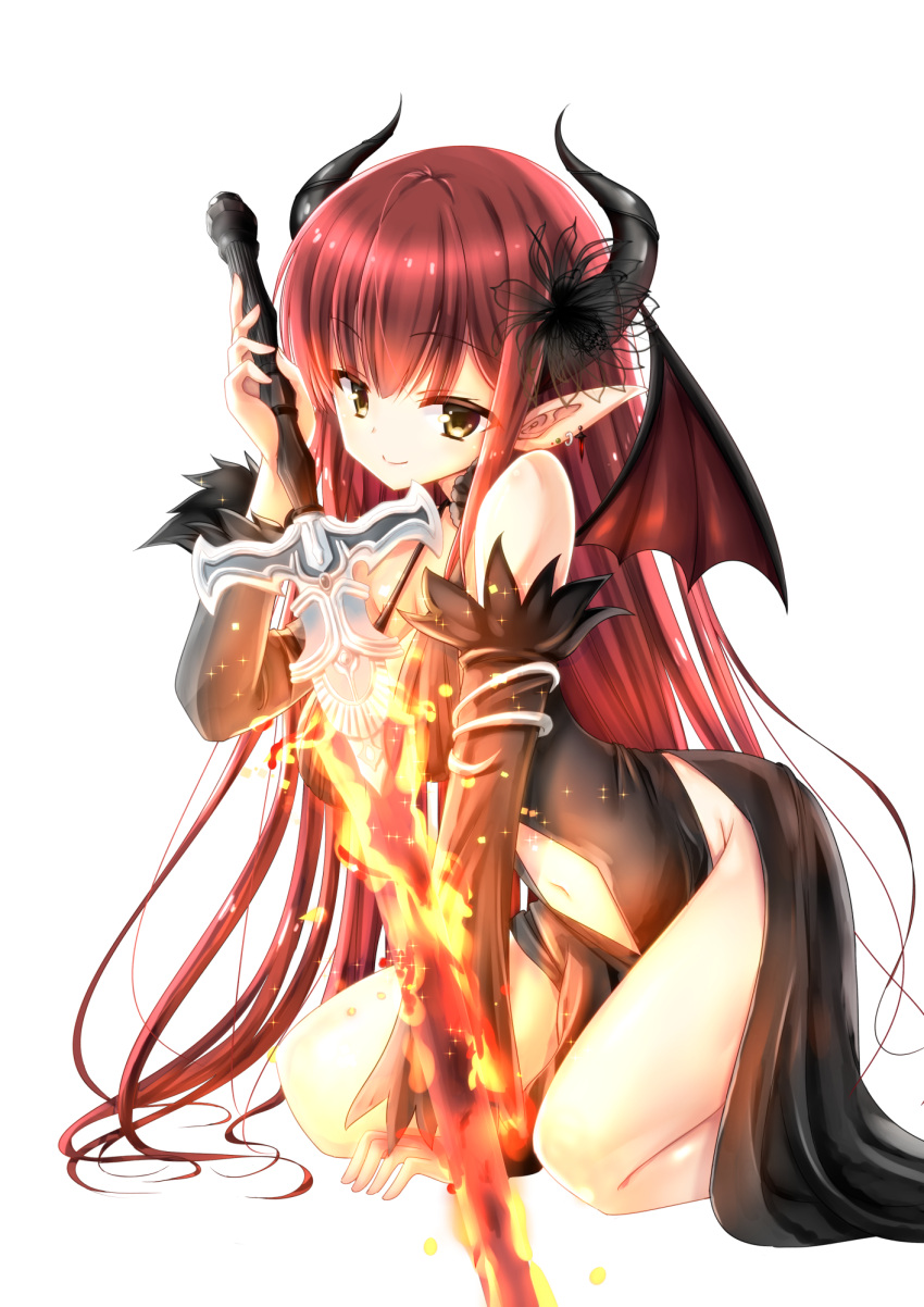 1girl arm_support arm_up bangs between_legs black_dress black_flower black_sleeves blush breasts brown_eyes chize closed_mouth commentary_request curled_horns demon_girl demon_horns demon_wings detached_sleeves dress eyebrows_visible_through_hair fingernails flaming_sword flower hair_between_eyes hair_flower hair_ornament hand_between_legs highres holding holding_sword holding_weapon horns kneeling large_breasts long_hair long_sleeves navel navel_cutout original pointy_ears red_wings redhead simple_background sleeveless sleeveless_dress smile solo sword very_long_hair weapon white_background wings