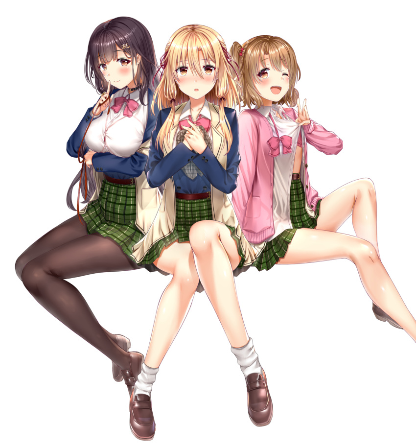 3girls ;d aldehyde black_hair blonde_hair blue_jacket bow bowtie breasts brown_footwear brown_legwear cardigan collar collarbone collared_shirt eyebrows_visible_through_hair finger_to_mouth foot_out_of_frame full_body green_skirt hair_ornament hair_ribbon hair_tie hairclip highres holding_shirt holding_shorts jacket large_breasts light_brown_hair loafers long_hair long_sleeves looking_at_viewer loose_neckwear multiple_girls one_eye_closed one_side_up open_cardigan open_clothes open_mouth open_vest original pantyhose pink_cardigan pink_neckwear plaid plaid_skirt ribbon shirt shoes shushing simple_background skirt smile socks thighs tress_ribbon unbuttoned unbuttoned_shirt very_long_hair vest white_background white_legwear white_shirt yellow_vest