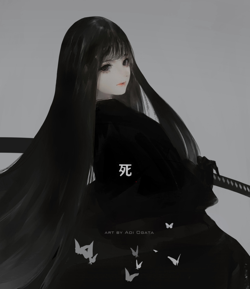 1girl aoi_ogata artist_name bangs black_gloves black_hair black_kimono commentary english_commentary gloves grey_background grey_eyes highres japanese_clothes katana kimono long_hair long_sleeves looking_at_viewer looking_to_the_side original parted_lips ready_to_draw sheath sheathed simple_background solo sword very_long_hair weapon wide_sleeves