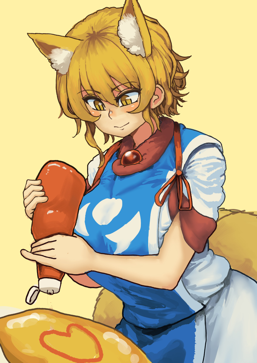 1girl absurdres animal_ear_fluff animal_ears blonde_hair blush bottle breasts chanta_(ayatakaoisii) dress extra_ears eyebrows_visible_through_hair food fox_ears fox_tail hair_between_eyes heart highres holding holding_bottle ketchup_bottle large_breasts light_smile looking_down multiple_tails omurice short_hair simple_background slit_pupils smile solo standing tabard tail tasuki touhou white_dress yakumo_ran yellow_background yellow_eyes