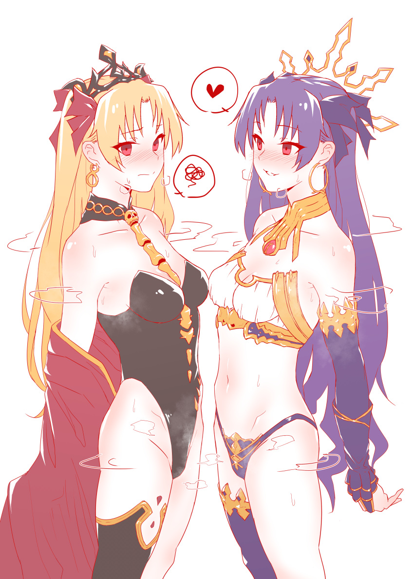 2girls absurdres alterna99 armlet asymmetrical_legwear asymmetrical_sleeves black_leotard blonde_hair breasts cape commentary_request crown earrings ereshkigal_(fate/grand_order) fate/grand_order fate_(series) highres hoop_earrings ishtar_(fate/grand_order) jewelry leotard medium_breasts multiple_girls neck_ring red_cape red_eyes single_thighhigh strapless strapless_leotard thigh-highs tiara two_side_up