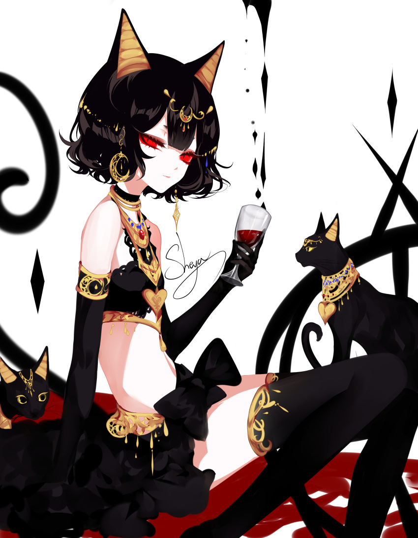 1girl absurdres animal_ears armlet artist_name bandeau bare_shoulders black_cat black_choker black_gloves black_hair black_skirt cat cat_ears choker crescent cup drinking_glass elbow_gloves feet_out_of_frame flat_chest gloves headpiece highres holding holding_cup jewelry looking_at_viewer midriff necklace original red_eyes sheya short_hair signature simple_background sitting skirt solo stomach thigh-highs thighs white_background wine_glass