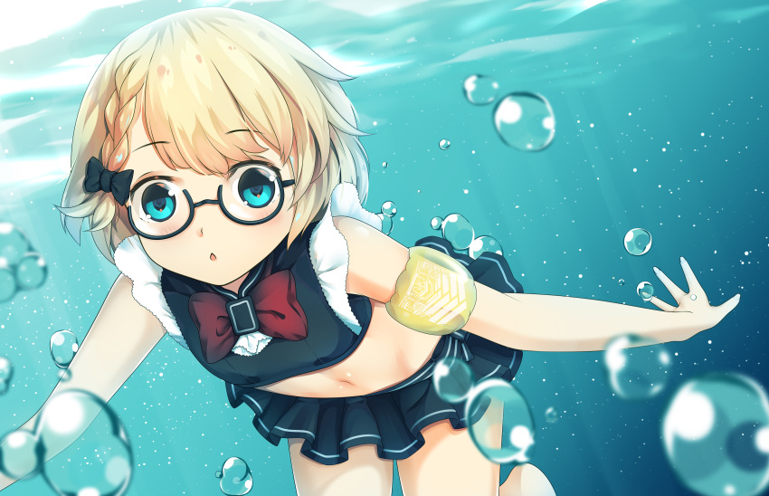 1girl :o absurdres blonde_hair blue_eyes blurry braid bubble dress eyebrows_visible_through_hair eyewear_on_head g36_(girls_frontline) girls_frontline glasses highres innertube light_rays looking_at_viewer maid md5_mismatch necktie ocean sunlight swimming swimsuit tied_hair underwater water watermark youngdeer