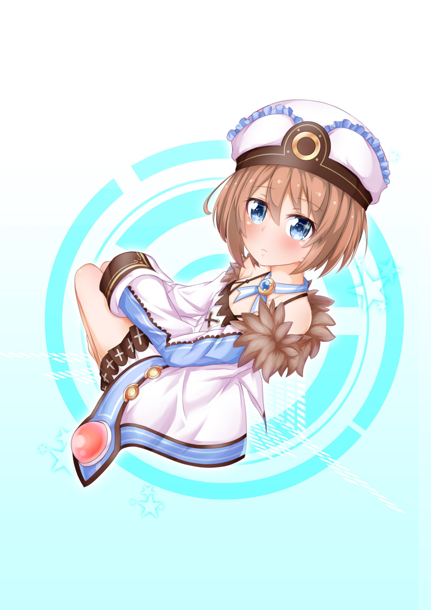 1girl absurdres bare_shoulders blanc blue_background blush coat dress expressionless from_above from_behind full_body hat highres long_sleeves looking_at_viewer looking_back moesode_i neptune_(series) short_hair solo spaghetti_strap sparkling_eyes star starry_background white_dress wide_sleeves