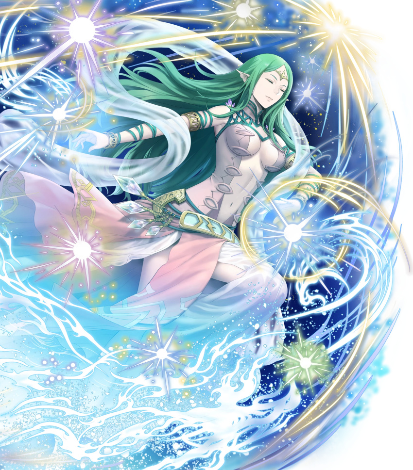 1girl armlet bangs bare_shoulders belt bracelet breasts closed_mouth dress fire_emblem fire_emblem:_kakusei fire_emblem:_mystery_of_the_emblem fire_emblem_heroes full_body gem green_hair highres jewelry lips long_hair mamkute mayachise medium_breasts naga_(fire_emblem) navel non-web_source official_art pale_skin parted_bangs pointy_ears shiny shiny_hair sleeveless sleeveless_dress solo sparkle stomach tiara transparent_background turtleneck