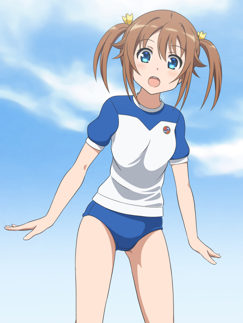 1girl blue_buruma blue_eyes blue_sky brown_hair buruma clouds day gradient_sky gym_uniform hair_ornament high_school_fleet highres hiraizumi_(mugenkidousha) misaki_akeno open_mouth outdoors round_teeth short_hair short_sleeves sky solo standing teeth twintails two-tone_shirt upper_teeth