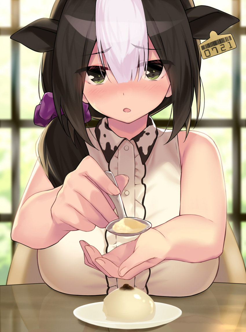 1girl animal_ears animal_print bare_shoulders black_hair blush breasts cccpo cow_ears cow_girl cow_print ear_tag food green_eyes highres looking_at_viewer multicolored_hair original pov pudding solo spoon two-tone_hair white_hair