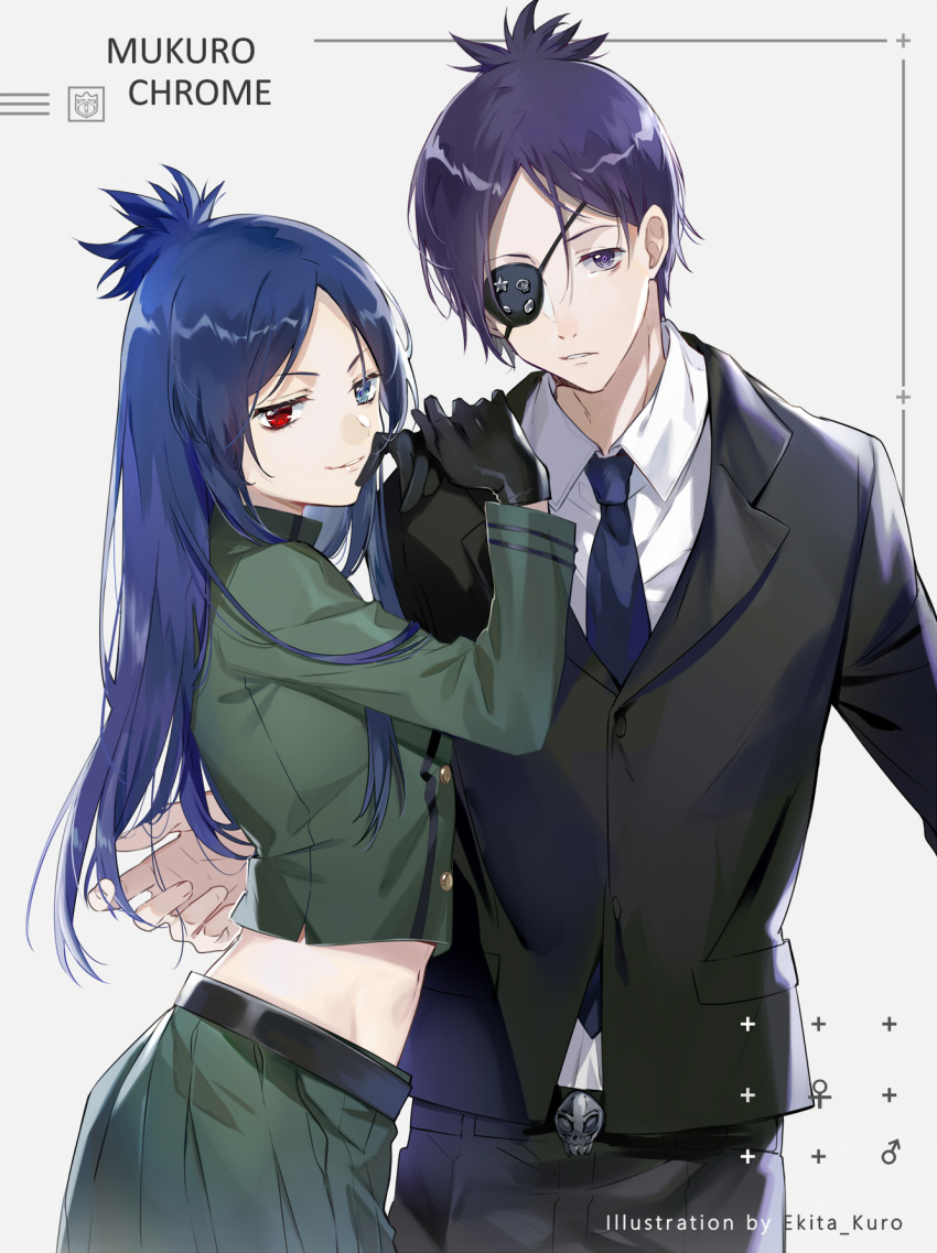 1boy 1girl blue_eyes blue_hair breasts chrome_dokuro closed_mouth commentary_request ekita_xuan eyepatch genderswap genderswap_(ftm) genderswap_(mtf) gloves groin highres katekyo_hitman_reborn long_hair looking_at_viewer midriff purple_hair red_eyes rokudou_mukuro simple_background skirt smile violet_eyes white_background