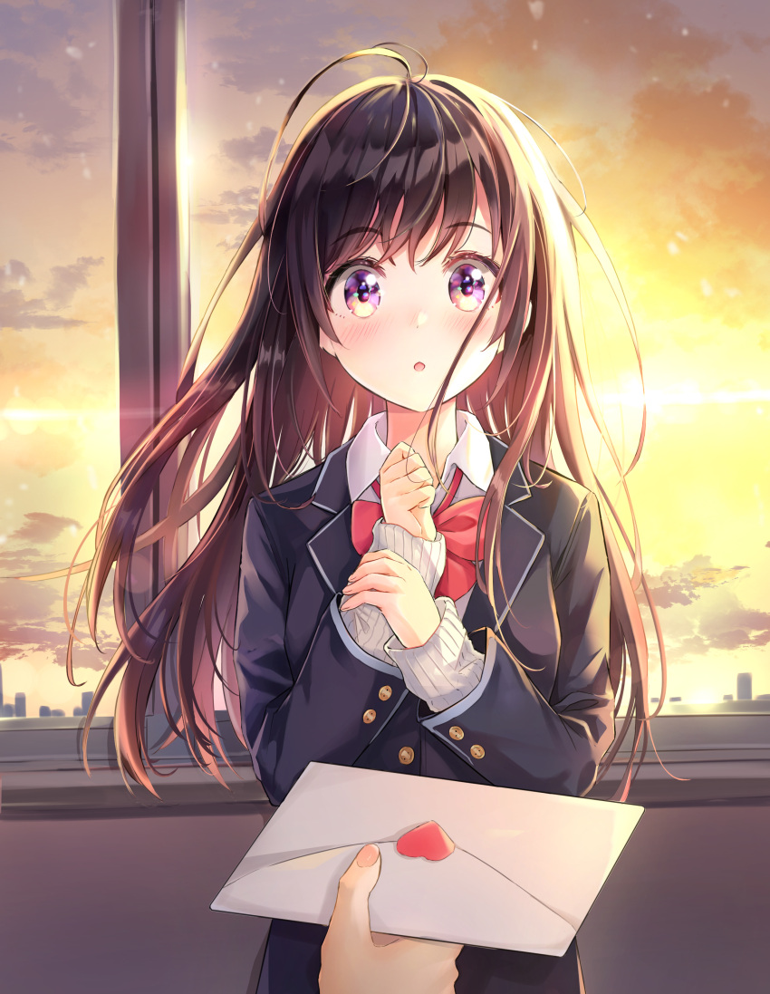 1girl :o absurdres ahoge bangs black_hair black_jacket blazer blush bow bowtie breasts buttons collared_shirt commentary_request dana_(hapong07) envelope hands_up highres indoors jacket letter long_hair long_sleeves looking_at_viewer love_letter medium_breasts orange_sky original parted_lips red_neckwear school_uniform shirt sidelocks sky skyline solo_focus sunset upper_body violet_eyes white_shirt window wing_collar