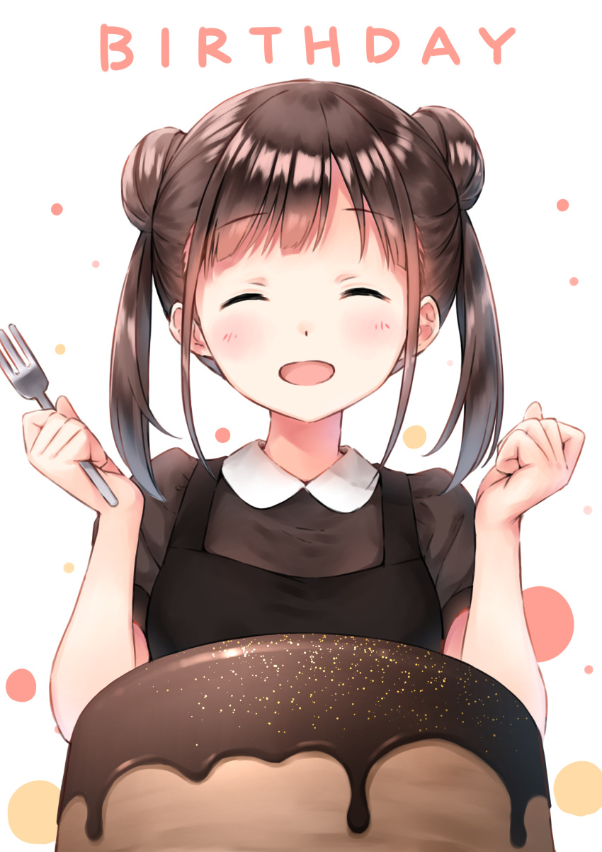1girl :d ^_^ absurdres bangs bashosho birthday black_dress blush breasts brown_hair brown_shirt cake chocolate_cake closed_eyes closed_eyes collared_shirt double_bun dress eyebrows_visible_through_hair facing_viewer food fork hands_up heart highres holding holding_fork idolmaster idolmaster_shiny_colors open_mouth puffy_short_sleeves puffy_sleeves shirt short_sleeves side_bun simple_background sleeveless sleeveless_dress small_breasts smile solo sonoda_chiyoko twintails white_background
