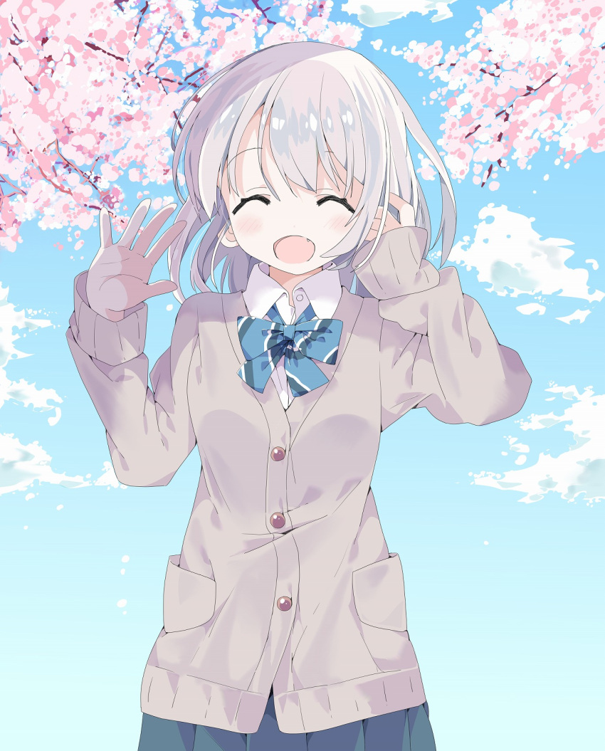 1girl :d ^_^ bangs blue_bow blue_skirt blue_sky bow brown_cardigan cardigan cherry_blossoms closed_eyes closed_eyes clouds collared_shirt commentary_request day diagonal_stripes dress_shirt eyebrows_visible_through_hair facing_viewer fang flower hair_between_eyes hand_in_hair hands_up highres long_hair long_sleeves open_mouth original outdoors pink_flower pleated_skirt school_uniform shirt silver_hair skirt sky sleeves_past_wrists smile solo striped striped_bow tantan_men_(dragon) tree_branch white_shirt