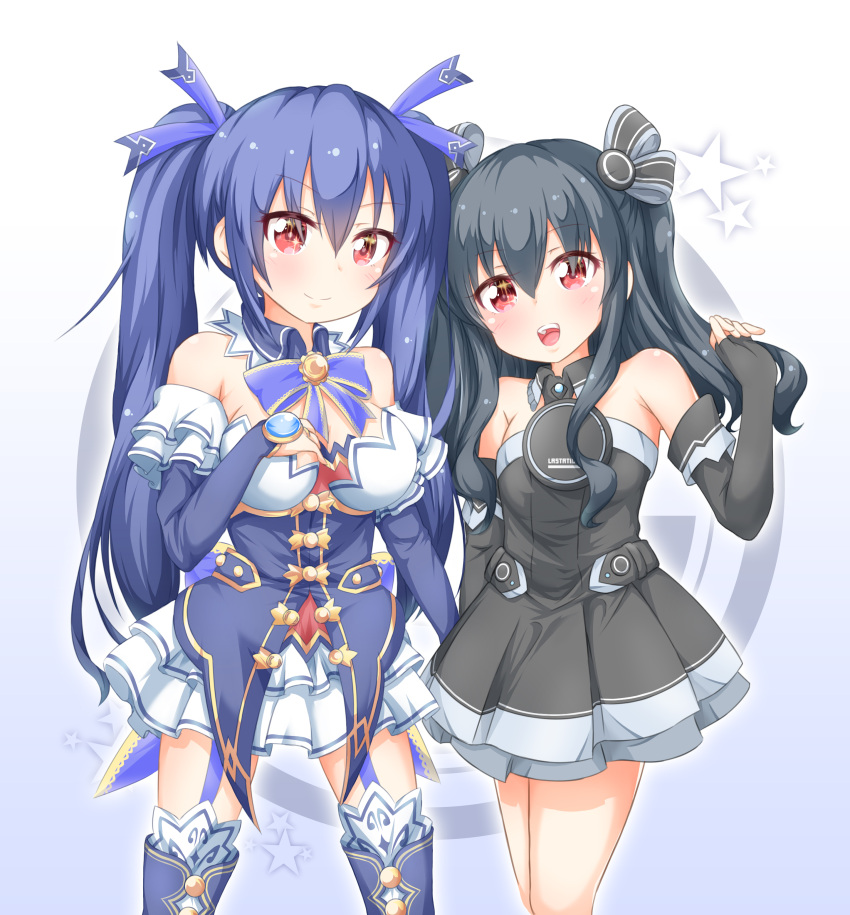 2girls :d absurdres bare_shoulders black_dress black_footwear black_hair blush boots breasts detached_collar detached_sleeves dress elbow_gloves fingerless_gloves garter_straps gloves hair_ribbon hand_up highres long_hair looking_at_viewer medium_breasts moesode_i multiple_girls neptune_(series) noire open_mouth red_eyes ribbon siblings sisters skirt small_breasts smile sparkling_eyes star starry_background thigh-highs thigh_boots twintails two_side_up uni_(neptune_series) upper_teeth very_long_hair white_legwear white_skirt