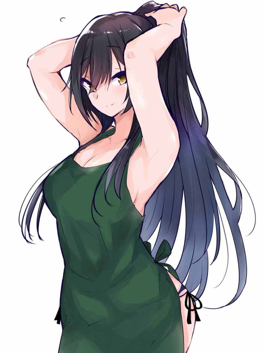 1girl apron armpits arms_behind_head arms_up bangs bare_shoulders black_hair blush breasts cleavage closed_mouth collarbone green_apron hair_between_eyes hanetsuka high_ponytail highres idolmaster idolmaster_shiny_colors large_breasts long_hair looking_at_viewer ponytail shirase_sakuya simple_background smile solo white_background yellow_eyes