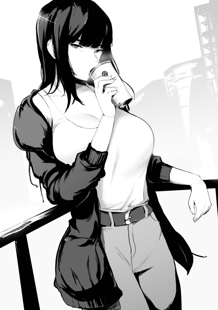 1girl absurdres bangs belt breasts coffee_cup cup disposable_cup drinking greyscale highres jacket large_breasts long_hair looking_at_viewer monochrome naoko_(9113419) open_clothes open_jacket original pants white_tank_top