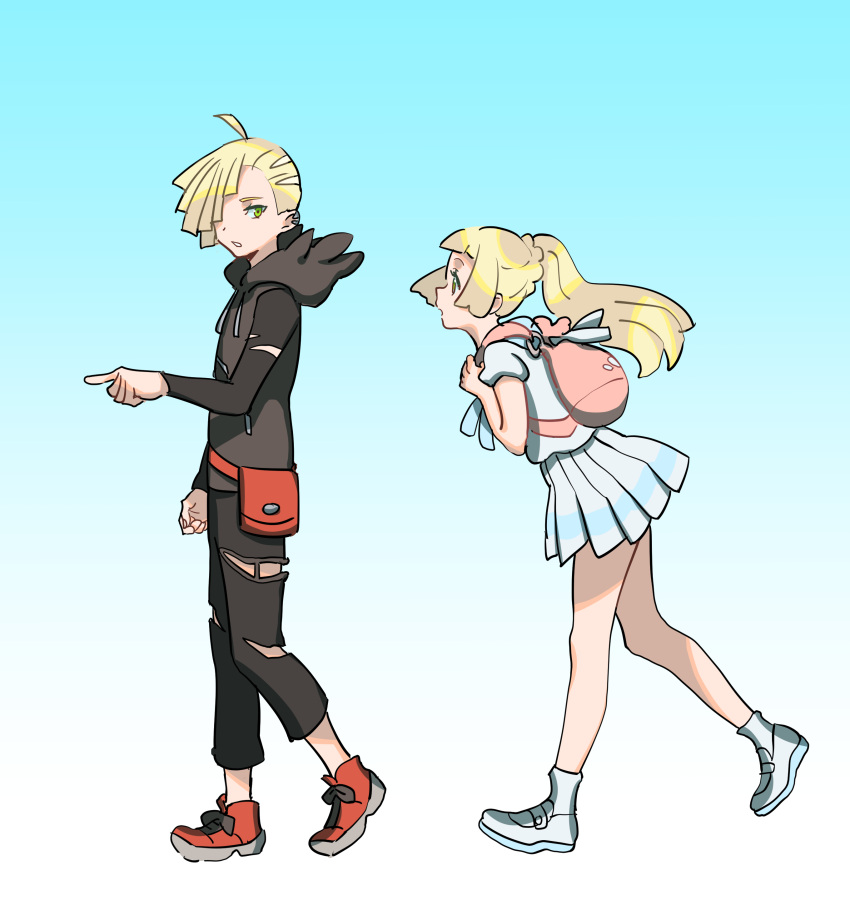1boy 1girl absurdres backpack bag black_pants blonde_hair blue_background bomhat brother_and_sister creatures_(company) from_side game_freak gladio_(pokemon) gradient gradient_background green_eyes highres lillie_(pokemon) long_hair long_sleeves nintendo pants parted_lips pointing pointing_forward pokemon pokemon_(game) pokemon_sm ponytail shirt shoes short_hair short_sleeves siblings simple_background skirt torn_clothes torn_pants white_shirt white_skirt