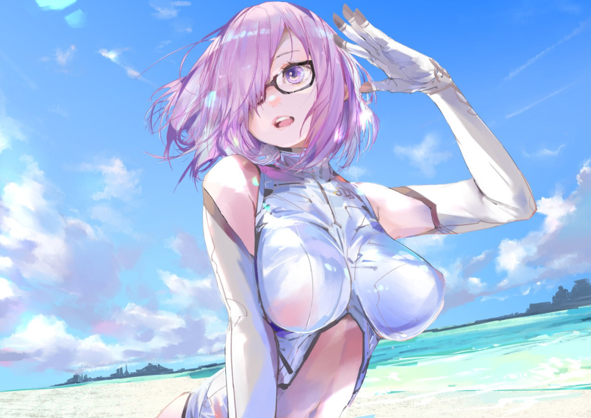 1girl alternate_costume arm_up bare_shoulders black-framed_eyewear blue_sky bodysuit breasts clouds elbow_gloves fate/grand_order fate_(series) glasses gloves hair_over_one_eye high_collar highres horizon kanasebench large_breasts leotard mash_kyrielight navel_cutout ocean pink_hair shore short_hair sky sleeveless_bodysuit violet_eyes water white_bodysuit