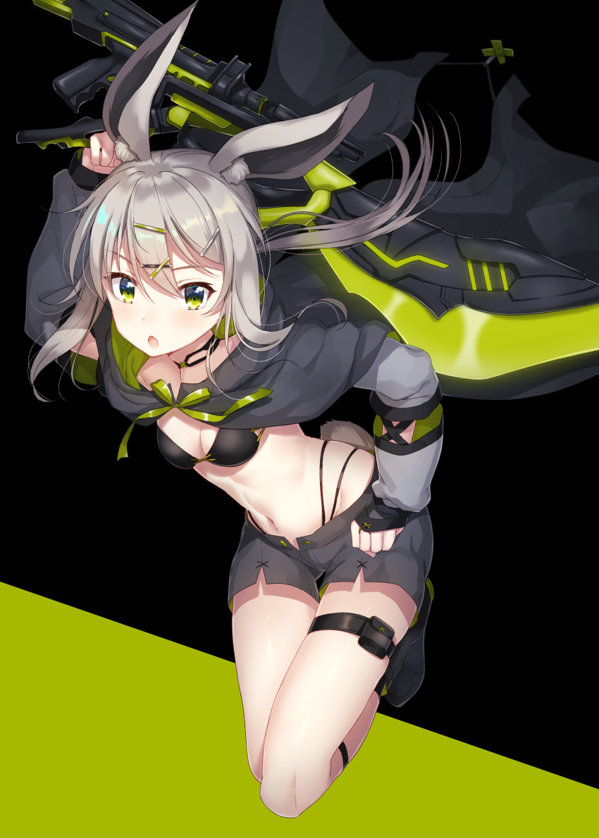1girl :o absurdres animal_ears armpit_peek bangs black_bra black_cape black_choker black_footwear black_shorts bra breasts bunny_tail cape choker cleavage fang full_body gluteal_fold green_eyes groin gun hair_ornament hairclip hand_up highleg highres holding holding_sword holding_weapon ichiren_namiro leaning_forward legs_up long_hair looking_at_viewer navel open_fly open_mouth original rabbit_ears shoes short_shorts shorts silver_hair small_breasts solo stomach sword tail thigh_strap thighs underwear weapon x_hair_ornament
