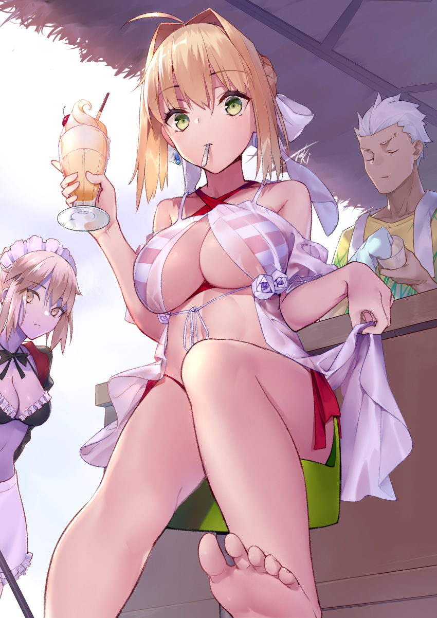 1boy 1girl 2girls absurdres alternate_costume artoria_pendragon_(all) artoria_pendragon_(swimsuit_rider_alter) breasts cherry_blossoms cleavage closed_eyes emiya_shirou enmaided fate/grand_order fate_(series) food from_below graphite_(medium) green_eyes highres large_breasts maid maid_swimsuit medium_breasts multiple_girls nero_claudius_(fate)_(all) nero_claudius_(swimsuit_caster)_(fate) pocky saber_alter traditional_media under_boob virtu.al white_background white_hair yellow_eyes