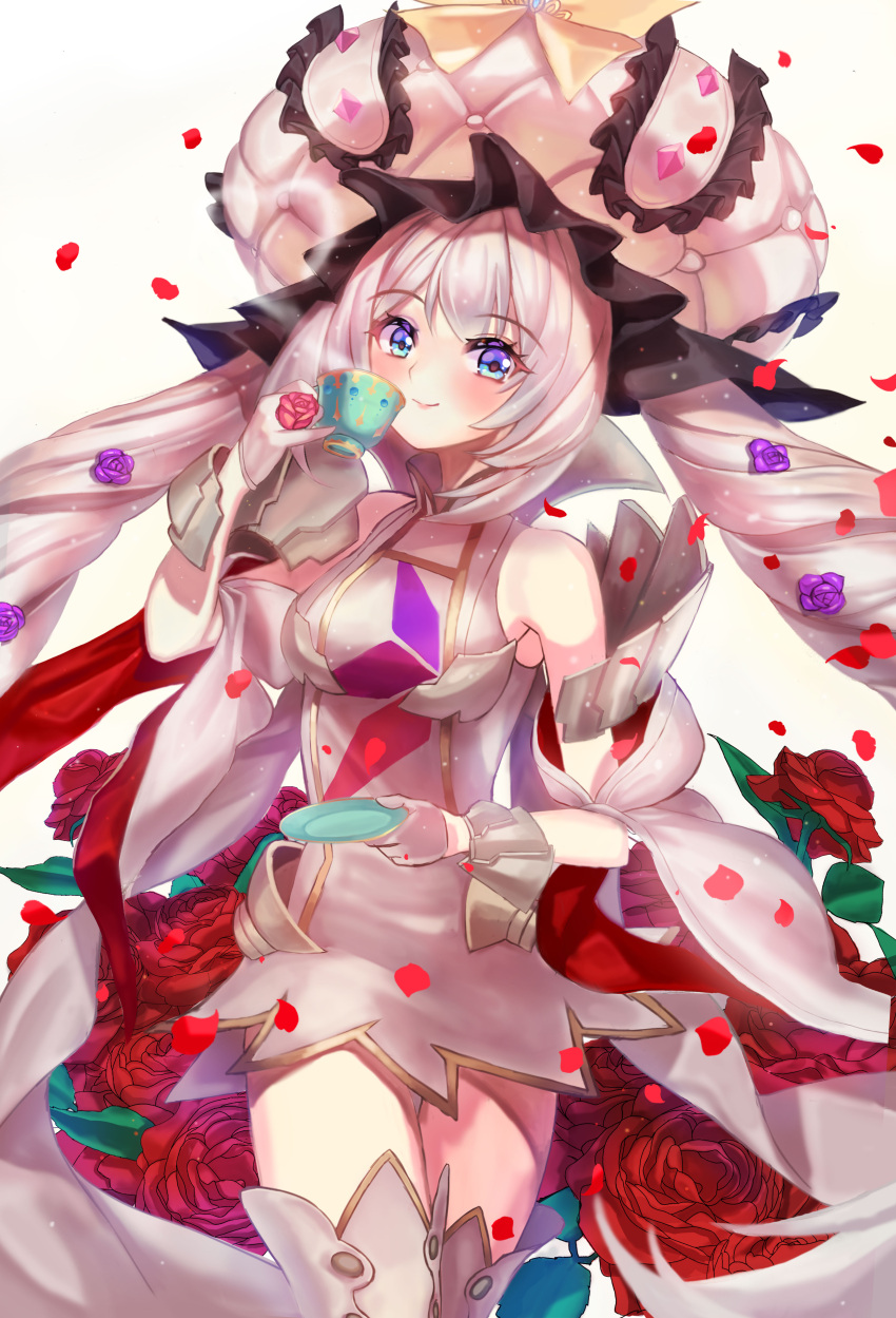 1girl absurdres blue_eyes blush boots breasts cowboy_shot cup dress drill_hair eyebrows_visible_through_hair fate/grand_order fate_(series) floating_hair flower gloves grey_dress grey_footwear hair_flower hair_ornament half_gloves hat heart_steam highres holding holding_cup kuro_(ning2763) long_hair looking_at_viewer marie_antoinette_(fate/grand_order) medium_breasts petals pixiv_fate/grand_order_contest_2 purple_flower red_flower red_rose rose short_dress silver_hair sleeveless sleeveless_dress smile solo standing steam teacup thigh-highs thigh_boots twin_drills very_long_hair white_background white_gloves white_headwear