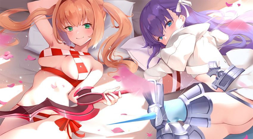 2girls armored_boots bikini blanket blonde_hair blue_eyes boots breasts cherry_blossoms eyebrows_visible_through_hair falling_petals fate/extra fate/extra_ccc fate/grand_order fate_(series) green_eyes hair_ribbon high_collar holding holding_sword holding_weapon looking_at_viewer meltryllis multiple_girls nero_claudius_(fate) nero_claudius_(fate)_(all) nero_claudius_(swimsuit_caster)_(fate) petals pillow pillow_hug purple_hair ribbon side-tie_bikini sidelocks smile spikes striped striped_swimsuit sunlight swimsuit sword twintails under_boob weapon yukiyama_momo