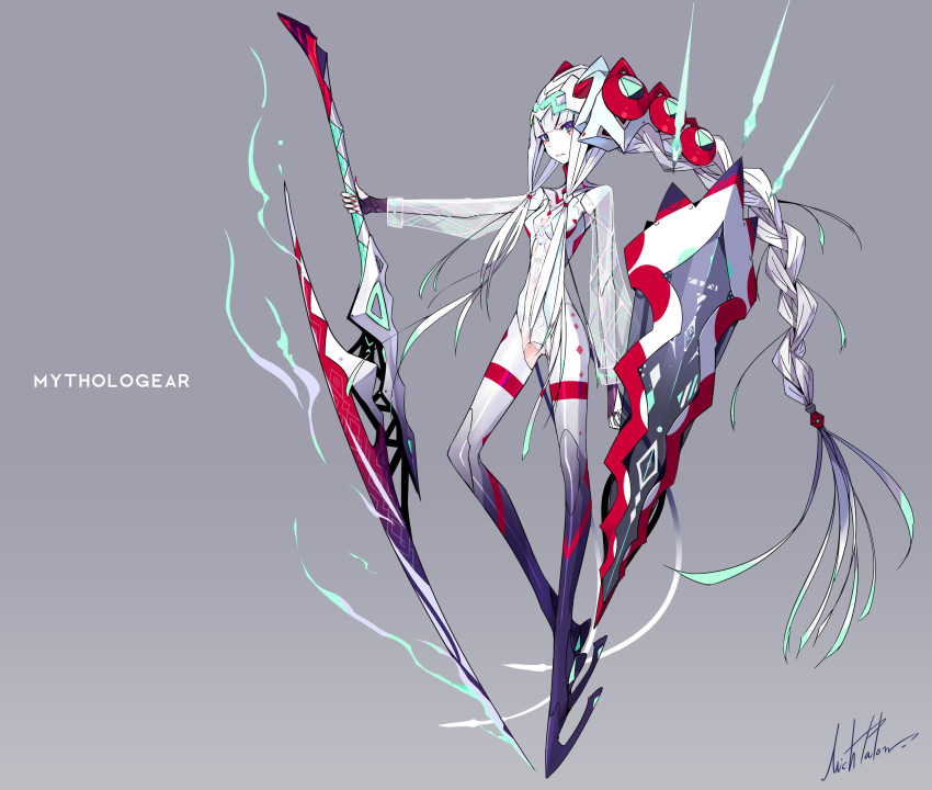1girl absurdres blue_eyes braid breasts expressionless eyebrows_visible_through_hair facial_mark fingernails full_body grey_background hair_ornament headgear highres holding holding_weapon long_hair looking_at_viewer mecha_musume original pale_skin palow red_pupils see-through sharp_fingernails signature skin_tight small_breasts solo sword very_long_hair weapon white_hair