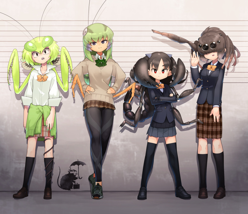 4girls :/ :o \||/ antennae arm_at_side arms_at_sides bangs beige_sweater black_clothes black_eyes black_footwear black_hair black_jacket black_legwear black_sweater blazer bow bowtie braid breasts brown_footwear brown_hair brown_skirt bug buttons closed_mouth clothes_around_waist collared_shirt commentary_request crossed_arms dress_shirt everyone evolvingmonkey extra_eyes flat_chest full_body grasshopper grasshopper_inoue green_hair green_nails green_neckwear green_sweater grey_eyes grey_skirt hair_over_eyes hand_up hands_on_hips height_chart highres insect insect_girl jacket kneehighs light_smile lineup long_hair long_sleeves looking_at_viewer mantis_akiyama medium_breasts multiple_girls nail_polish open_mouth open_palm orange_neckwear original pantyhose parted_bangs partial_commentary plaid plaid_neckwear plaid_skirt pleated_skirt ponytail popped_collar praying_mantis prehensile_hair red_eyes school_uniform scorpion scorpion_tsuchida sharp_teeth shirt shoes short_hair skirt sleeves_folded_up sleeves_past_wrists sneakers spider spider_girl spider_itou standing sweater sweater_around_waist teeth thick_eyebrows thigh-highs twintails two_side_up waving white_shirt wing_collar worms yellow_neckwear