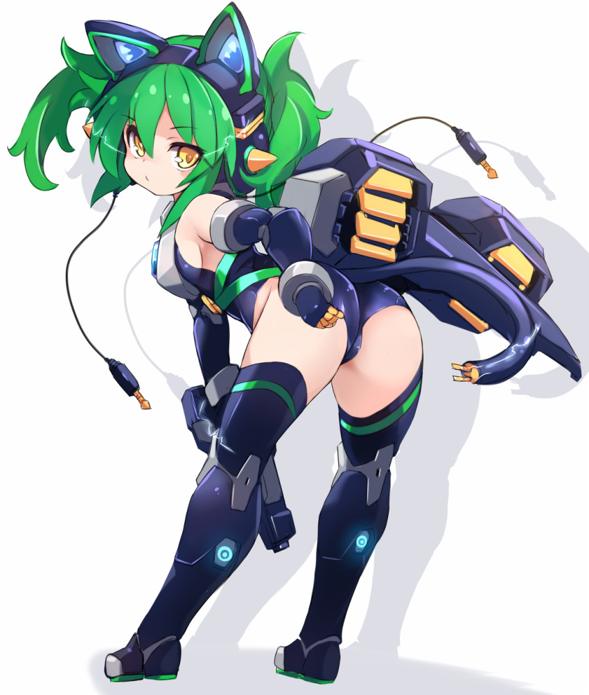 1girl animal_ears ass bangs bare_shoulders blue_footwear blue_gloves blue_legwear blue_leotard boots breasts cat_ear_headphones cat_ears character_request drop_shadow elbow_gloves eyebrows_visible_through_hair fake_animal_ears full_body gloves green_hair hair_between_eyes headphones highres karukan_(monjya) leaning_forward leotard looking_at_viewer looking_back mecha_musume shinrabanshou small_breasts solo tail thigh-highs thigh_boots twintails white_background yellow_eyes