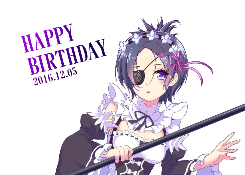 1girl birthday blush breasts chrome_dokuro cleavage commentary_request dress eyepatch happy_birthday katekyo_hitman_reborn looking_at_viewer purple_hair short_hair simple_background solo violet_eyes weapon white_background