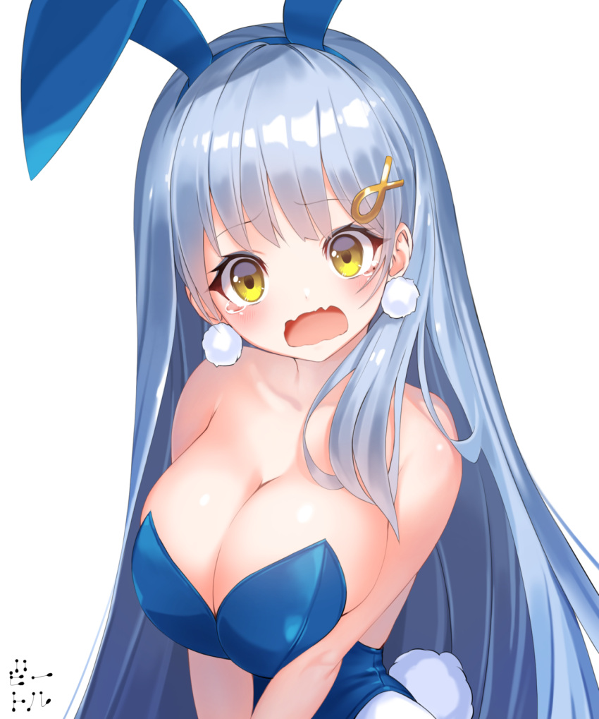 1girl animal_ears bare_shoulders bettle_(b_s_a_n) blue_hair breast_hold breasts bunny_girl bunny_tail bunnysuit cleavage crying crying_with_eyes_open earrings fake_animal_ears fang hair_ornament hairband highres jewelry large_breasts long_hair looking_at_viewer open_mouth oshiro_project_re peterhof_(oshiro_project) pom_pom_earrings rabbit_ears simple_background solo tail tears upper_body very_long_hair wavy_mouth white_background yellow_eyes