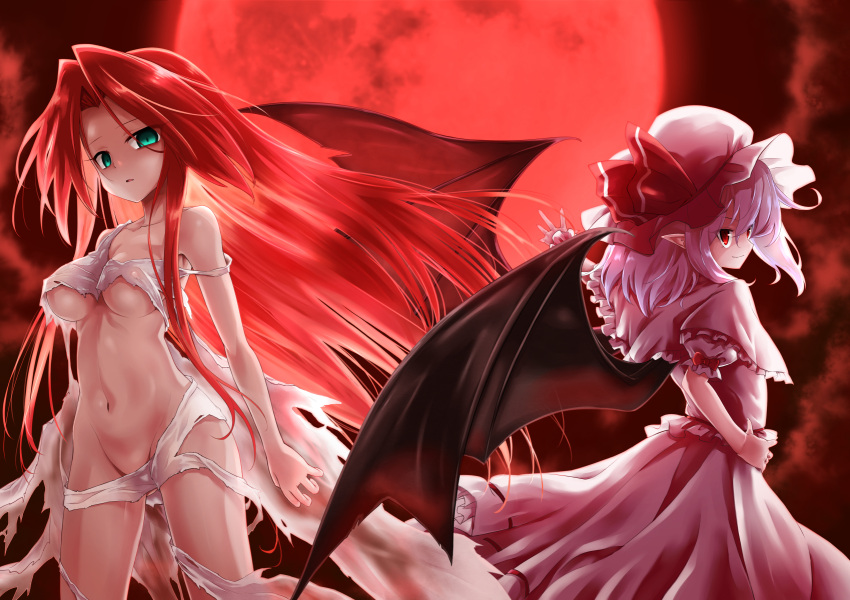 2girls aqua_eyes bare_shoulders bat_wings breasts commentary_request dress groin hair_intakes hand_on_hip hat highres hong_meiling large_breasts long_hair medium_hair mob_cap moon multiple_girls navel no_hat no_headwear open_mouth outstretched_arm pink_dress pointy_ears red_eyes red_moon redhead remilia_scarlet slit_pupils smirk torn_clothes touhou ugatsu_matsuki wings
