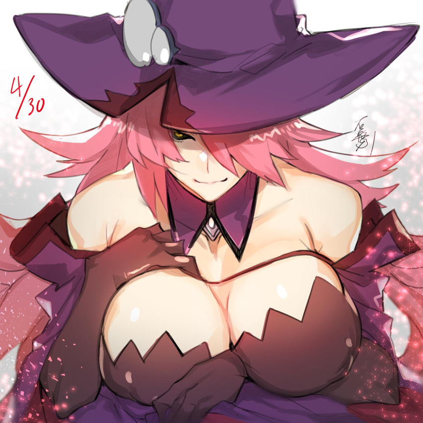1girl bare_shoulders birthday blazblue blazblue:_central_fiction breasts cape cleavage dated gloves hair_over_one_eye hand_on_own_breast happy_birthday hat highres konoe_a_mercury large_breasts long_hair looking_at_viewer pink_hair roas01b simple_background smile solo witch witch_hat yellow_eyes