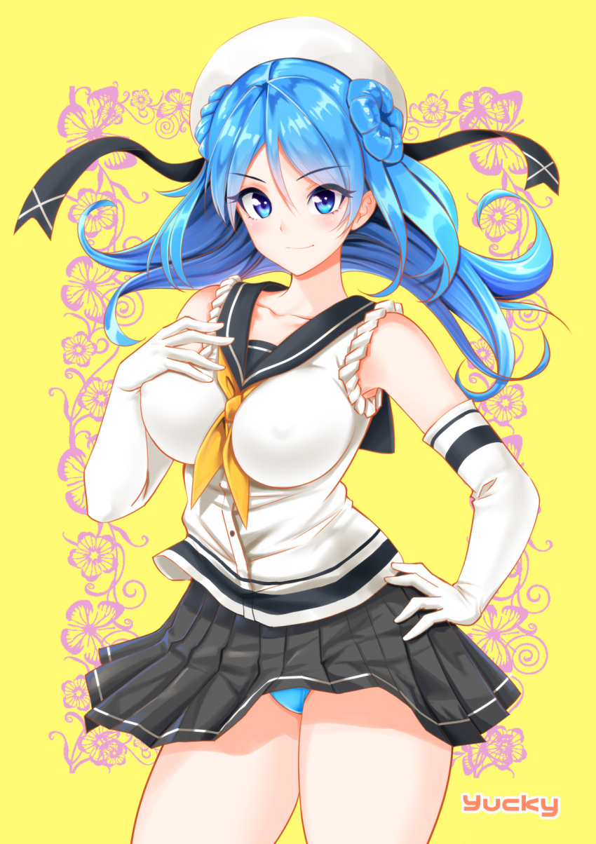 1girl artist_name beret blue_eyes blue_hair blue_panties breasts collarbone cowboy_shot double_bun elbow_gloves eyebrows_visible_through_hair floral_print gloves grey_sailor_collar grey_skirt hair_between_eyes hand_on_hip hand_on_own_chest hat highres kantai_collection large_breasts neckerchief panties pleated_skirt sailor_collar sailor_hat school_uniform serafuku skirt sleeves_rolled_up smile solo standing thighs underwear urakaze_(kantai_collection) white_gloves yellow_background yellow_neckwear yuckey