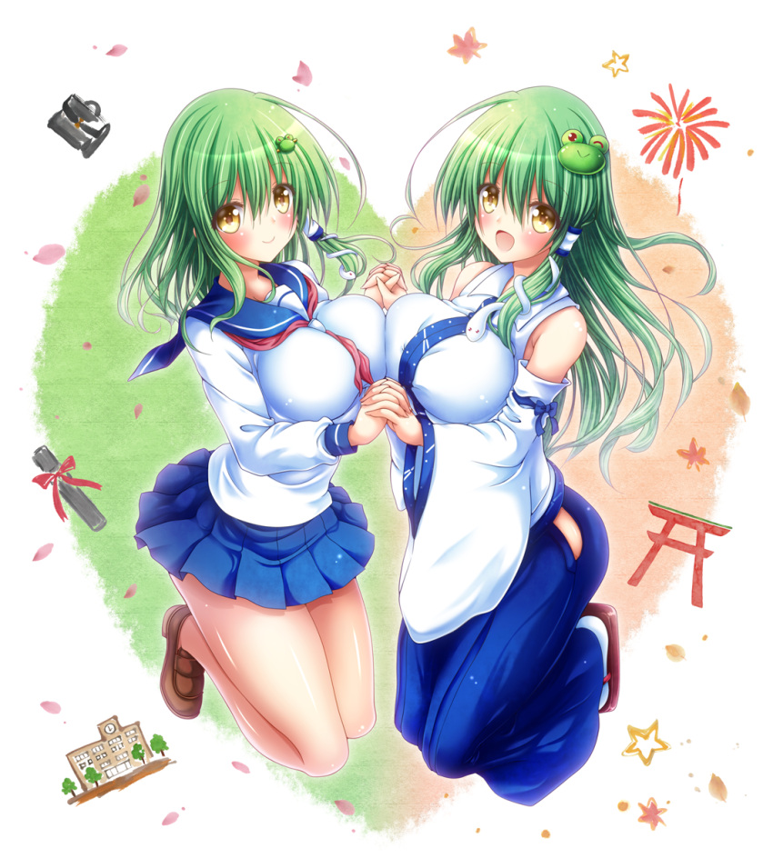 2girls :d asymmetrical_docking bare_shoulders blue_skirt breast_press breasts brown_footwear commentary_request detached_sleeves dual_persona frog_hair_ornament full_body green_hair hair_ornament hair_tubes hairclip hand_holding highres interlocked_fingers kochiya_sanae large_breasts long_hair long_skirt long_sleeves miniskirt multiple_girls open_mouth osashin_(osada) pleated_skirt school_uniform serafuku shoes skirt smile snake_hair_ornament touhou yellow_eyes
