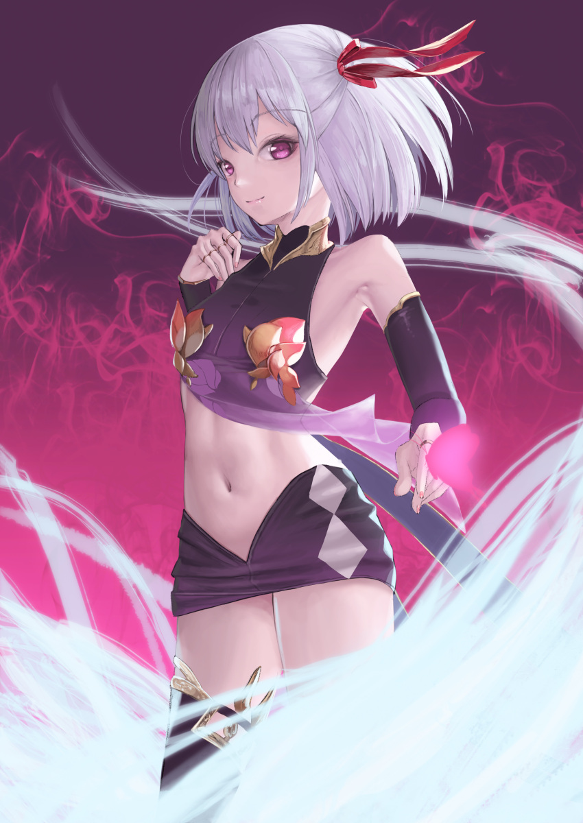 1girl absurdres black_footwear boots crop_top detached_sleeves eyebrows_visible_through_hair fate/grand_order fate_(series) hair_ribbon highres jewelry kama_(fate/grand_order) long_sleeves midriff miniskirt navel nekobell purple_background purple_skirt purple_sleeves red_ribbon ribbon ring short_hair silver_hair skirt smile solo standing stomach thigh-highs thigh_boots violet_eyes