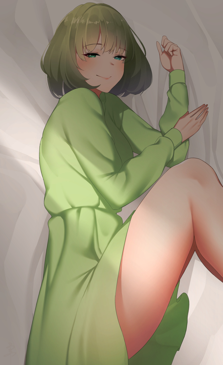 1girl absurdres bed_sheet blue_eyes commentary_request dress green_dress green_eyes green_hair heterochromia highres idolmaster idolmaster_cinderella_girls idolmaster_cinderella_girls_starlight_stage long_sleeves looking_at_viewer lying on_side senju_(snz0) shadow short_hair smile solo takagaki_kaede thighs
