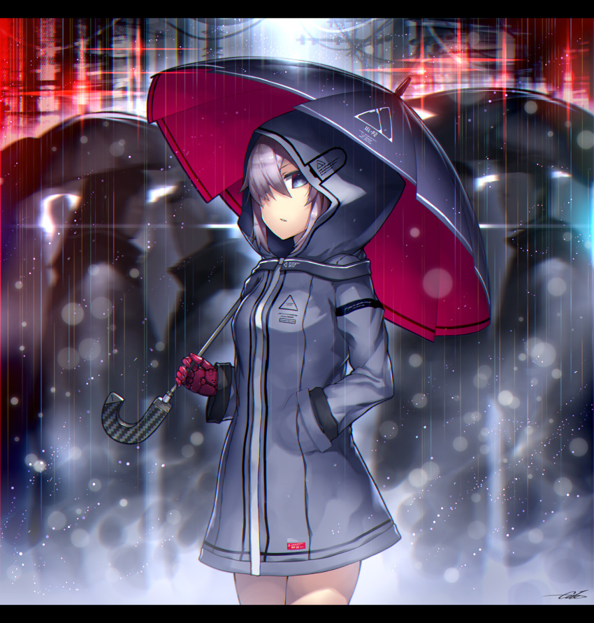 1girl bangs blue_eyes breasts coat cowboy_shot gia hand_in_pocket highres holding holding_umbrella hood hoodie long_sleeves looking_at_viewer mecha_musume mechanical_arm medium_breasts original outdoors prosthesis purple_hair rain raincoat solo standing umbrella