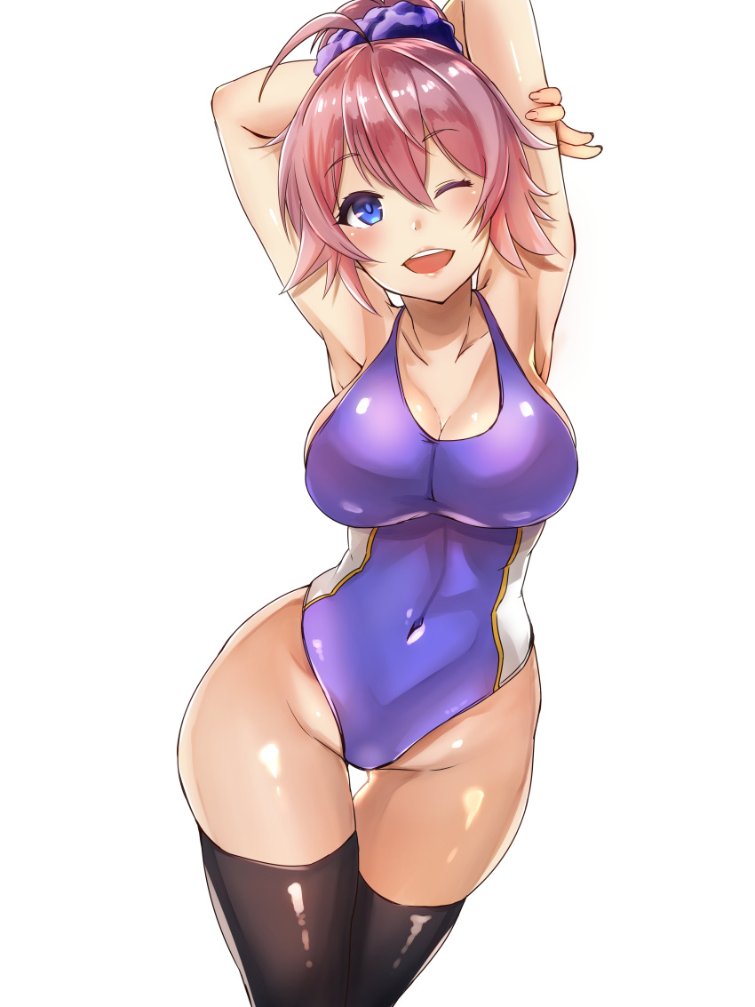 1girl absurdres ahoge aoba_(kantai_collection) arm_behind_head arm_up armpits black_legwear blue_eyes blue_scrunchie blue_swimsuit breasts cleavage collarbone competition_swimsuit cover eureka_(eureka-0075) highres kantai_collection large_breasts looking_at_viewer one-piece_swimsuit one_eye_closed open_mouth pink_hair pink_lips ponytail scrunchie simple_background skindentation solo swimsuit thigh-highs thighs upper_body white_background