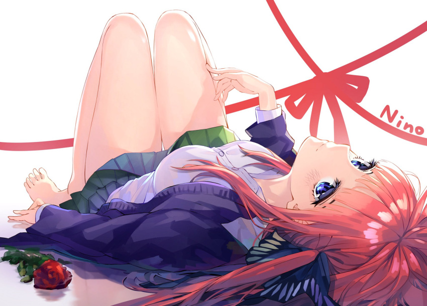 1girl bangs bare_legs barefoot black_ribbon blue_eyes blunt_bangs blush breasts character_name closed_mouth collarbone collared_shirt eyebrows_visible_through_hair flower go-toubun_no_hanayome hair_ornament hair_ribbon highres large_breasts long_hair long_sleeves looking_at_viewer lying nakano_nino on_back pink_hair red_flower red_rose redhead ribbon rose shirt simple_background skirt smile solo to_gemichi white_background white_shirt