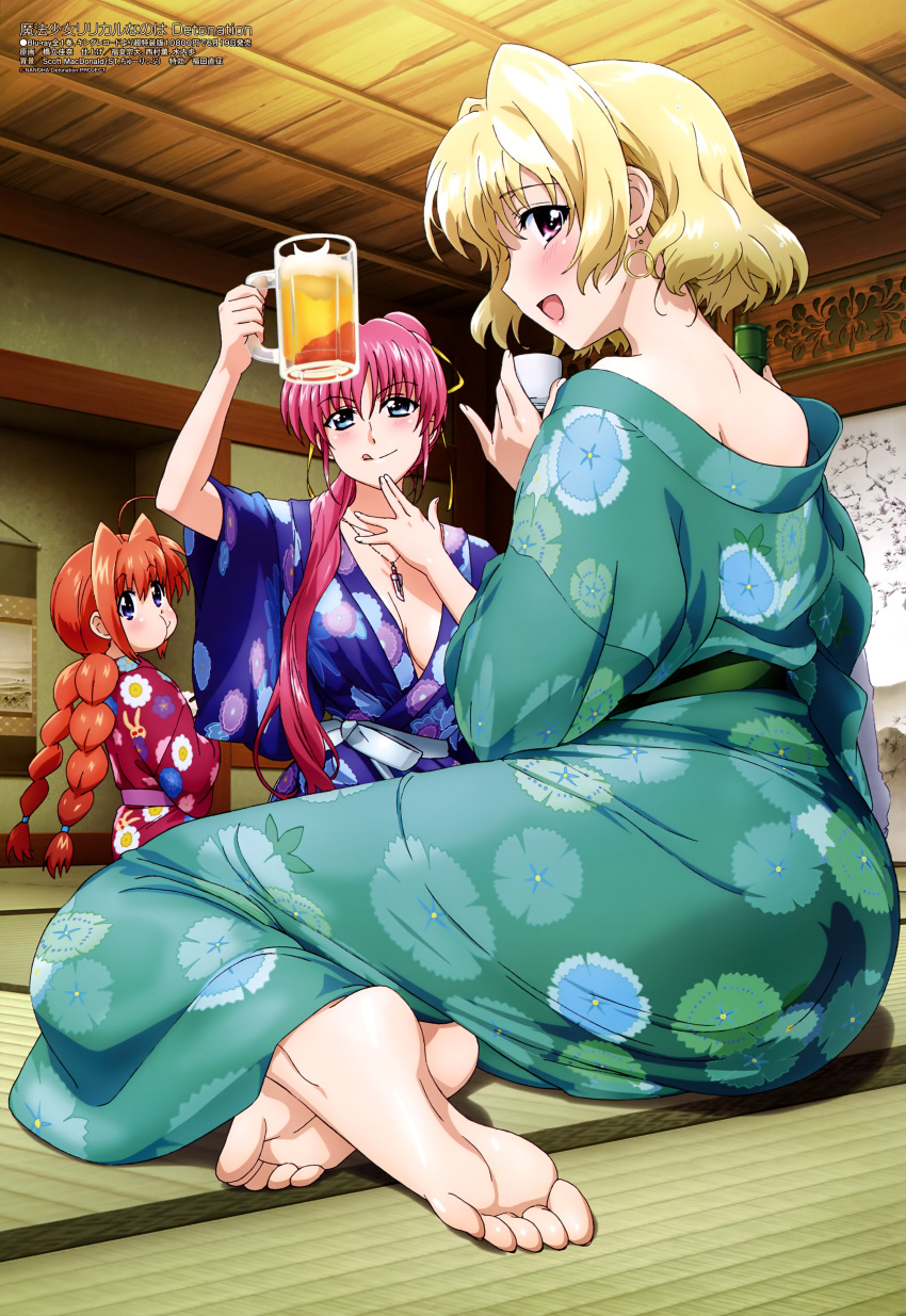 :q absurdres ahoge alcohol ass beer blue_eyes blush braid breasts cleavage cup drinking_glass drunk feet hashidate_kana highres indoors japanese_clothes kimono long_hair looking_at_viewer lyrical_nanoha mahou_shoujo_lyrical_nanoha mahou_shoujo_lyrical_nanoha_a's medium_breasts megami multiple_girls no_bra official_art open_clothes open_mouth open_shirt orange_hair pink_hair ponytail redhead shamal signum tatami toes tongue tongue_out twin_braids vita yukata