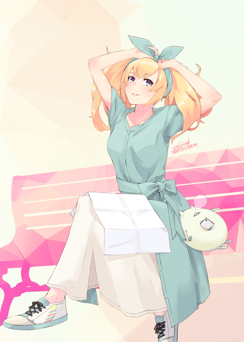 1girl alakoala_shoushou aqua_dress blonde_hair blue_eyes blush breasts cellphone closed_mouth dress enemy_lifebuoy_(kantai_collection) eyebrows_visible_through_hair gambier_bay_(kantai_collection) gradient gradient_background hairband highres kantai_collection large_breasts looking_at_viewer map phone shoes short_sleeves smartphone smile sneakers twintails